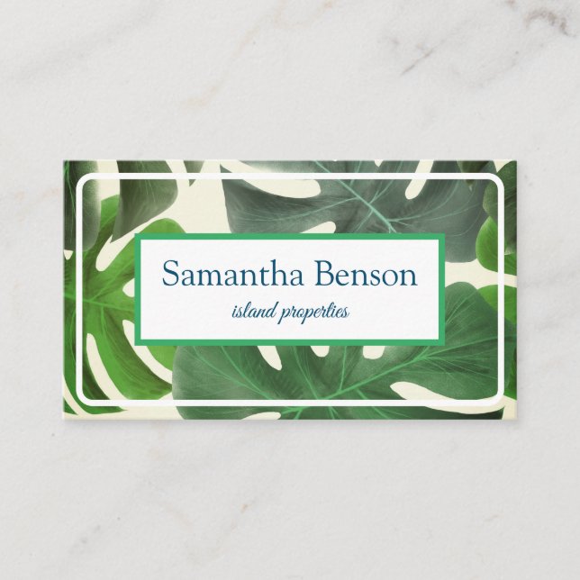 Palm Leaves Tropical Island Green & White Square Business Card (Front)