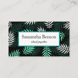 Palm Leaves Tropical Island Green & White Square Business Card