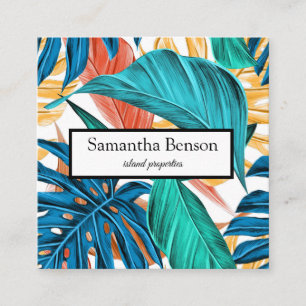 Palm Leaves Tropical Island Green & White Square Business Card