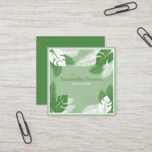 Palm Leaves Tropical Island Green & White Square Business Card