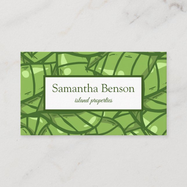 Palm Leaves Tropical Island Green & White Square Business Card (Front)