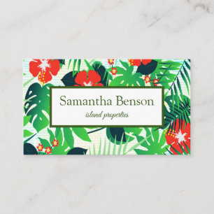 Palm Leaves Tropical Island Green & White Square Business Card
