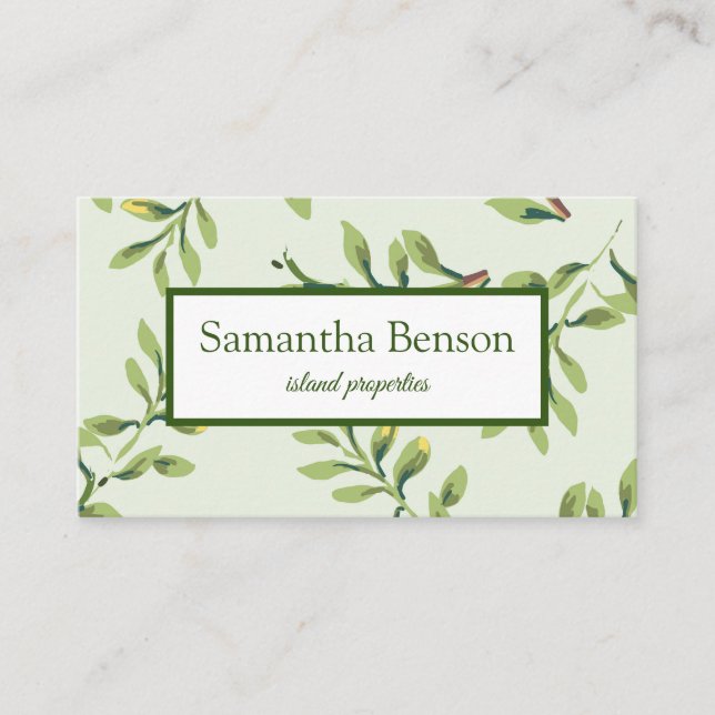 Palm Leaves Tropical Island Green & White Square Business Card (Front)