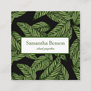 Palm Leaves Tropical Island Green & White Square Business Card