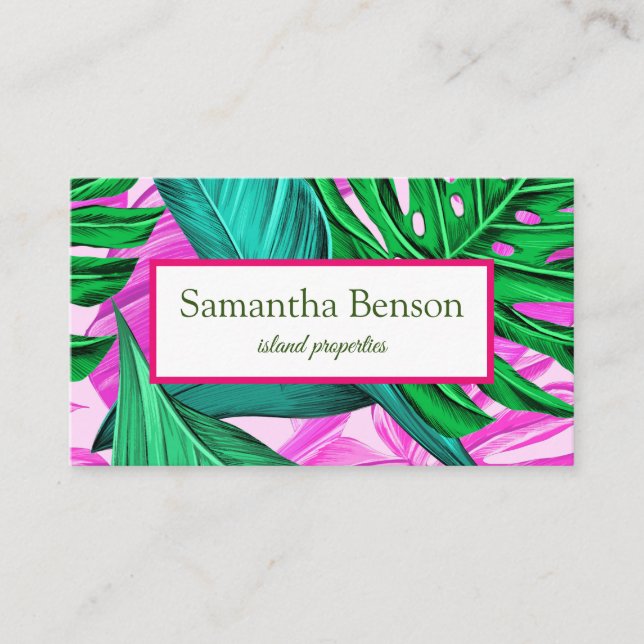 Palm Leaves Tropical Island Green & White Square Business Card (Front)