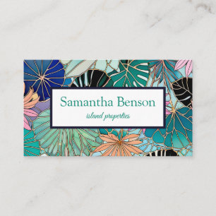 Palm Leaves Tropical Island Green & White Square Business Card