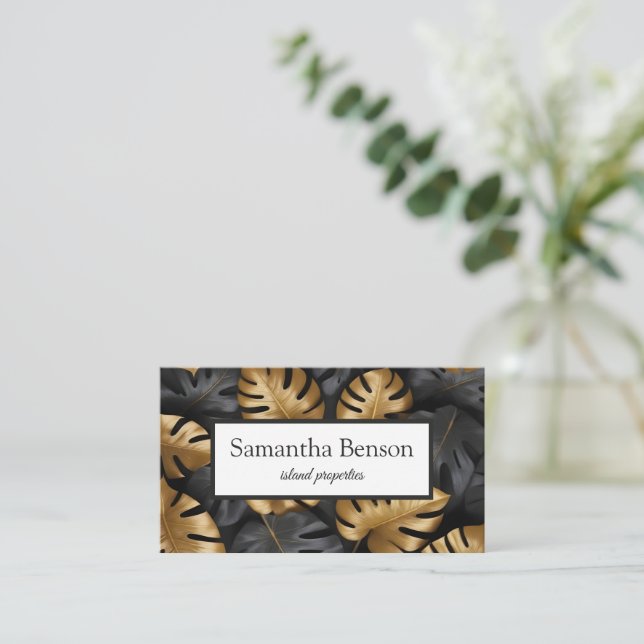 Palm Leaves Tropical Island Green & White Square Business Card (Standing Front)