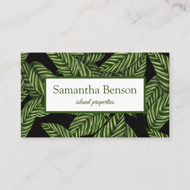 Palm Leaves Tropical Island Green & White Square Business Card (Front)