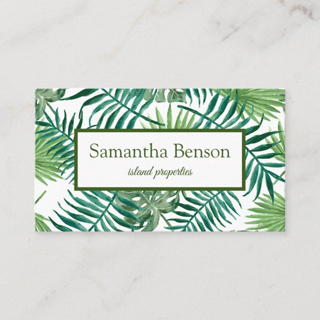 Palm Leaves Tropical Island Green & White Square Business Card (Front)
