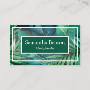 Palm Leaves Tropical Island Green & White Square  Business Card