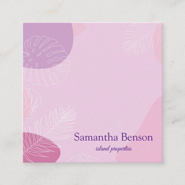 Palm Leaves Tropical Island Green & White Square S Square Business Card (Front)