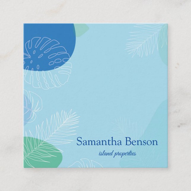 Palm Leaves Tropical Island Green & White Square S Square Business Card (Front)