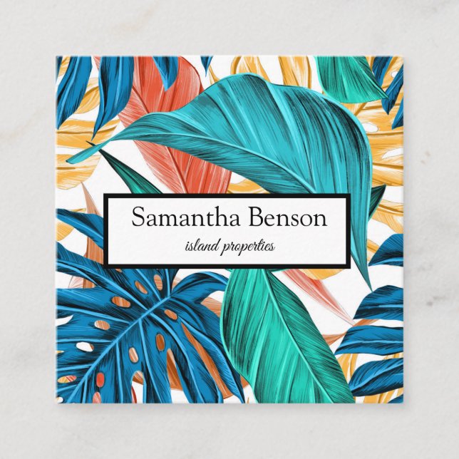 Palm Leaves Tropical Island Green & White Square Square Business Card (Front)