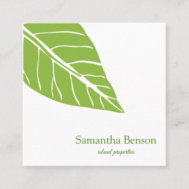 Palm Leaves Tropical Island Green & White Square Square Business Card (Front)