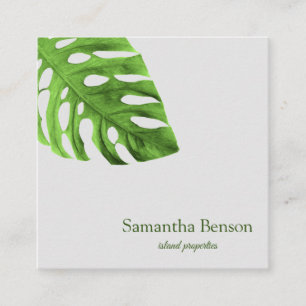 Palm Leaves Tropical Island Green & White Square Square Business Card