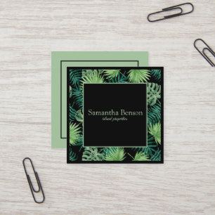 Palm Leaves Tropical Island Green & White Square Square Business Card