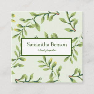 Palm Leaves Tropical Island Green & White Square Square Business Card