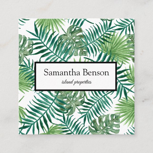 Palm Leaves Tropical Island Green & White Square Square Business Card (Front)