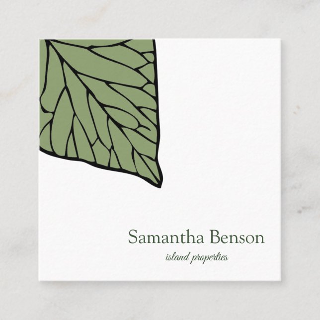 Palm Leaves Tropical Island Green & White Square Square Business Card (Front)