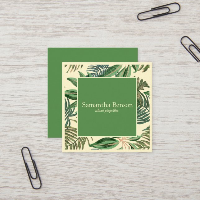 Palm Leaves Tropical Island Green & White Square Square Business Card (Front/Back In Situ)
