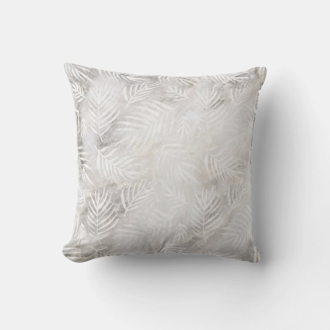 Palm Leaves Tropical Pastel White Silver Grey Cushion (Front)