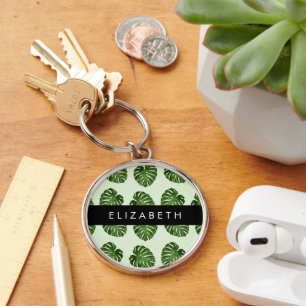 Palm Leaves, Tropical Pattern, Your Name Key Ring