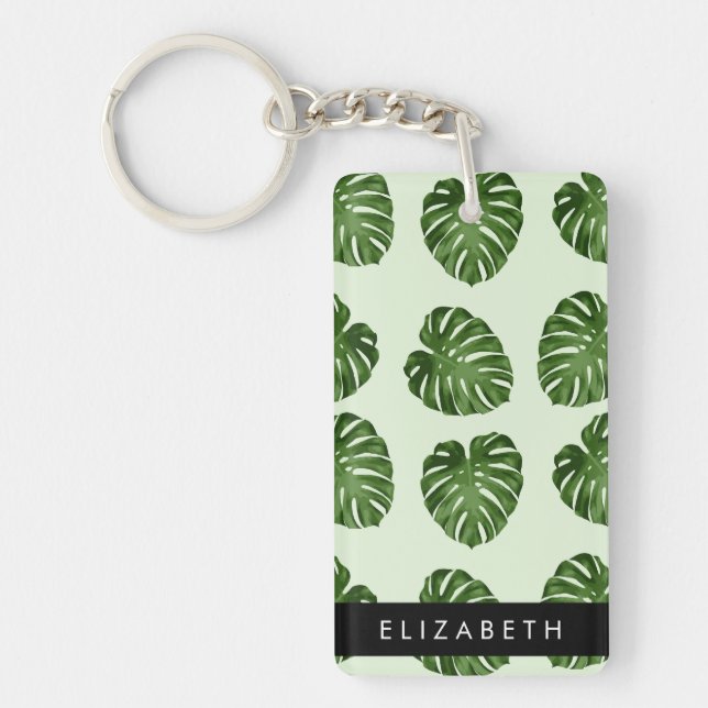 Palm Leaves, Tropical Pattern, Your Name Key Ring (Front)