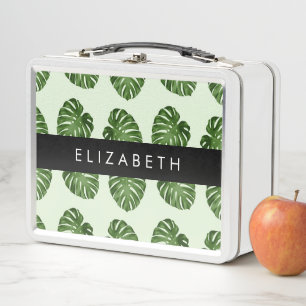 Palm Leaves, Tropical Pattern, Your Name Metal Lunch Box