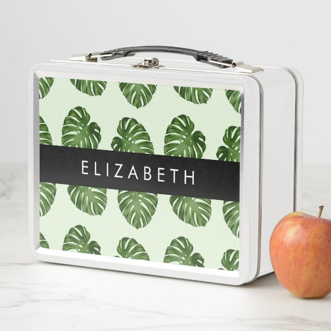 Palm Leaves, Tropical Pattern, Your Name Metal Lunch Box (In Situ)