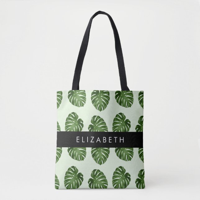 Palm Leaves, Tropical Pattern, Your Name Tote Bag (Front)