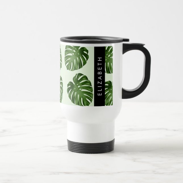 Palm Leaves, Tropical Pattern, Your Name Travel Mug (Right)
