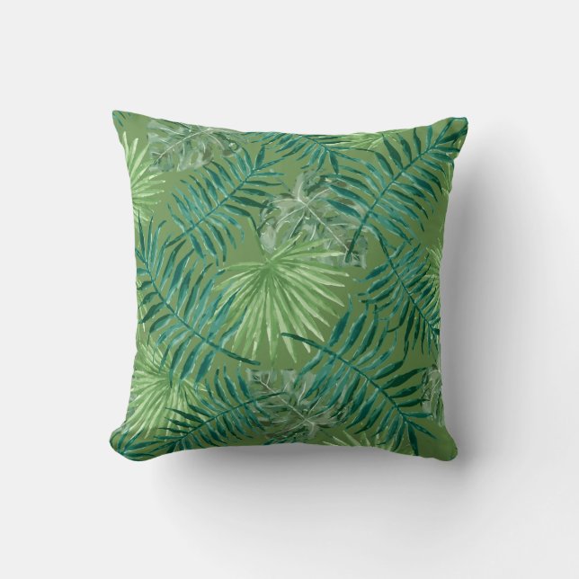 Palm Leaves Tropical Print Green Cushion (Front)