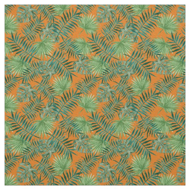 Palm Leaves Tropical Print Orange Fabric (Swatch)