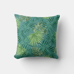 Palm Leaves Tropical Print Teal Cushion