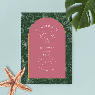 Palm Leaves Tropical Seashell Pink Green Save The  Save The Date