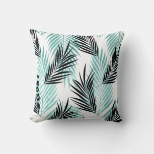 Palm Leaves Tropical Tree Bright Turquoise Black Cushion