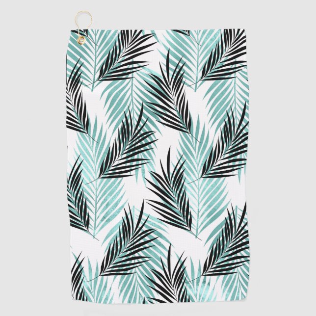 Palm Leaves Tropical Tree Bright Turquoise Black Golf Towel (Front)