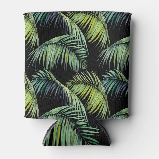 Palm Leaves: Watercolor Black Background. Can Cooler (Front)