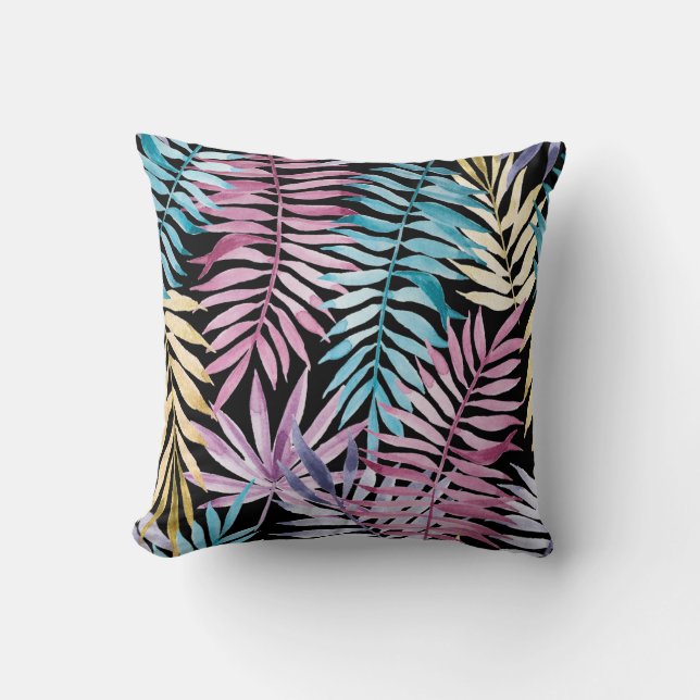 Palm leaves: watercolor dark pattern cushion (Front)