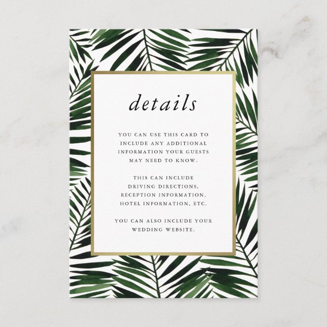 Palm Leaves Wedding Guest Details Enclosure Card (Front)