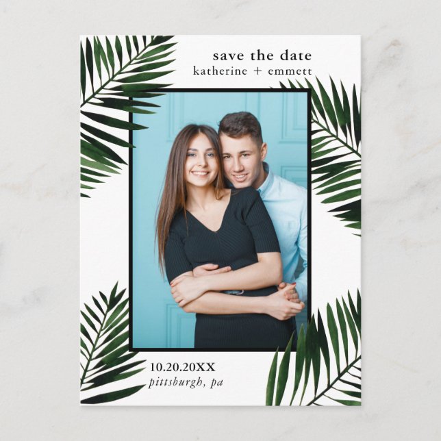 Palm Leaves Wedding Save the Date Photo Announcement Postcard (Front)