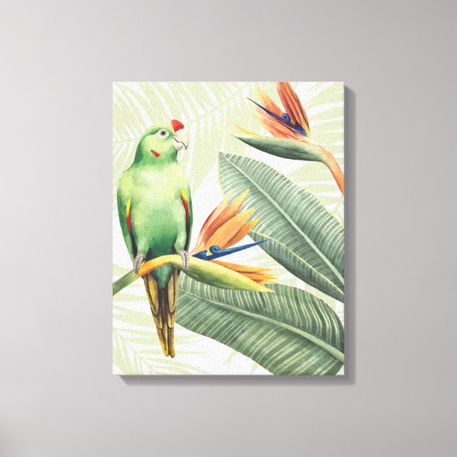Palm Leaves With Green Bird Canvas Print (Front)
