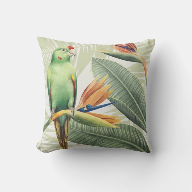 Palm Leaves With Green Bird Cushion (Front)