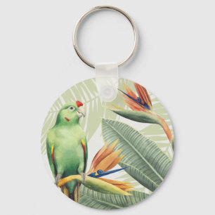Palm Leaves With Green Bird Key Ring