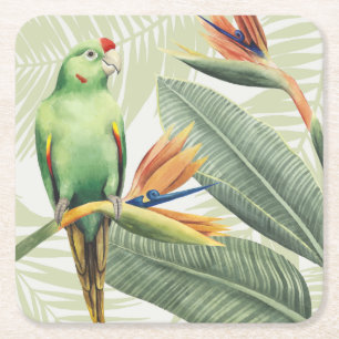 Palm Leaves With Green Bird Square Paper Coaster