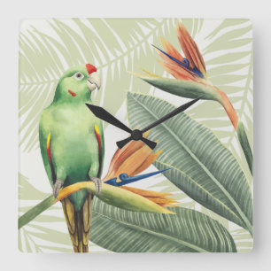 Palm Leaves With Green Bird Square Wall Clock