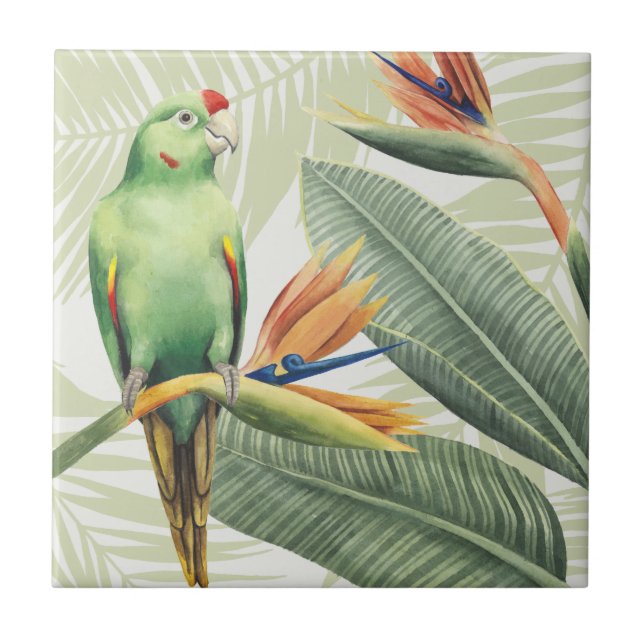 Palm Leaves With Green Bird Tile (Front)