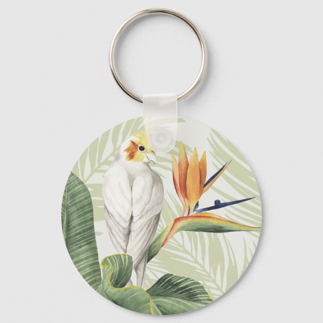 Palm Leaves With White Bird Key Ring (Front)