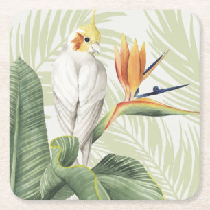 Palm Leaves With White Bird Square Paper Coaster