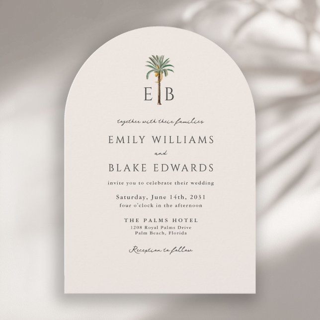 Palm Logo Elegant Arch Tropical Monogram Wedding Invitation (Creator Uploaded)